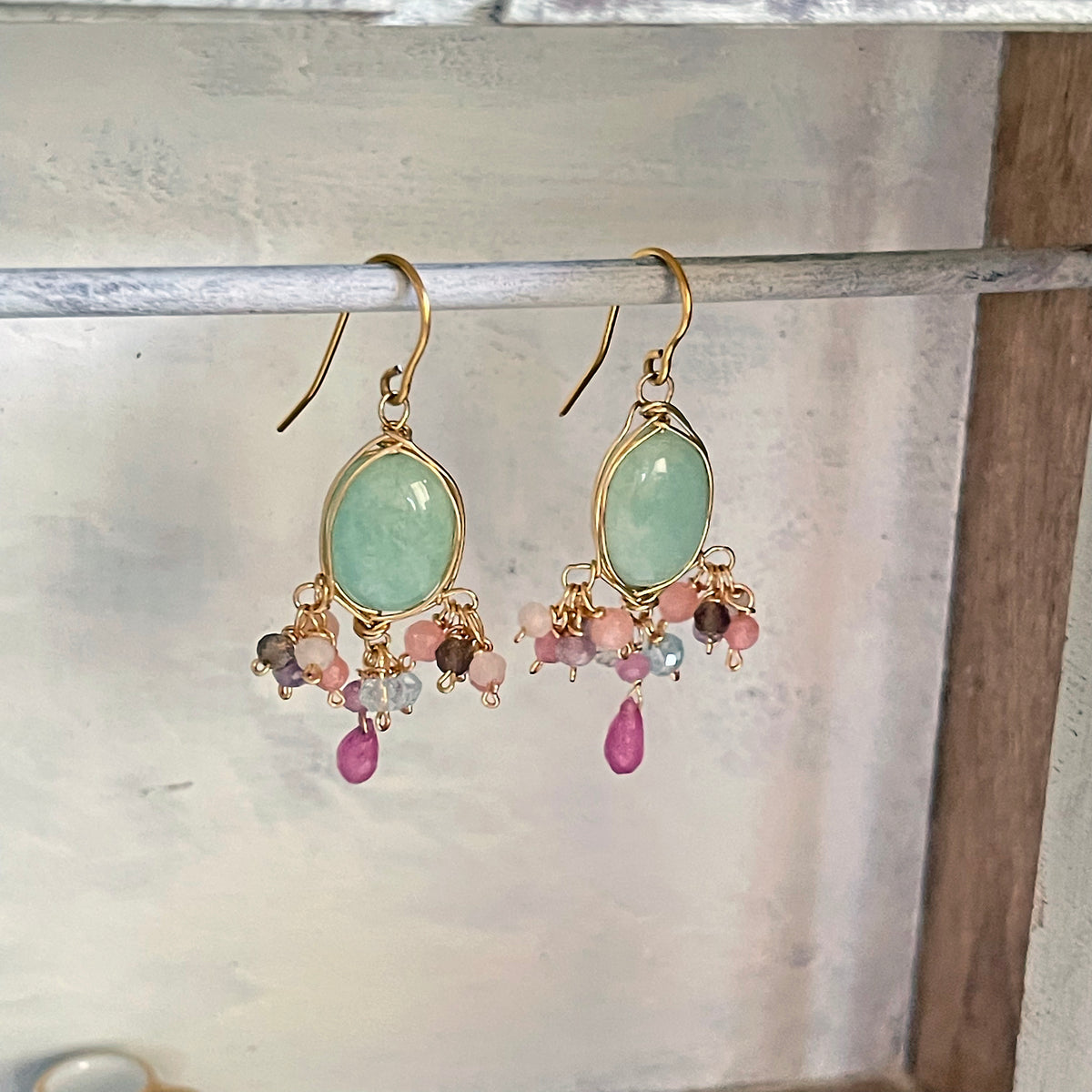 Amazonite & Pink Sapphire Chandelier Earrings