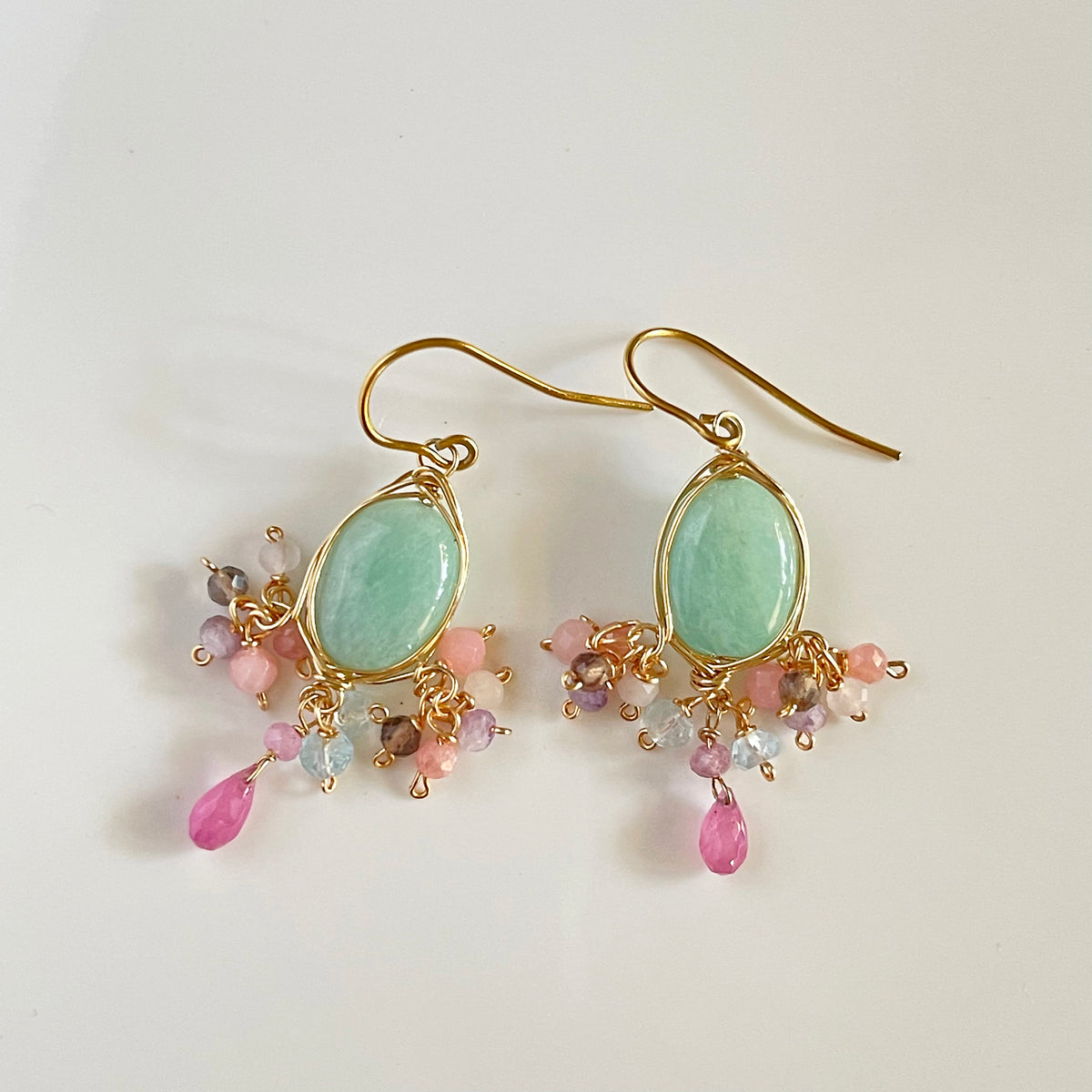 Amazonite & Pink Sapphire Chandelier Earrings