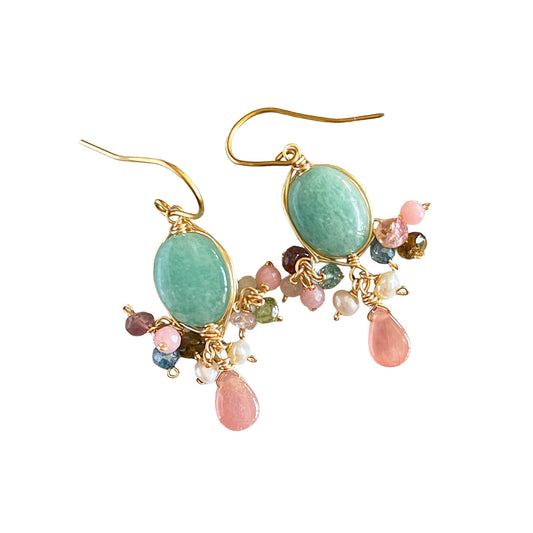 Candy Box - Amazonite & Rhodochrosite 14K Gold Fill Chandelier Earrings