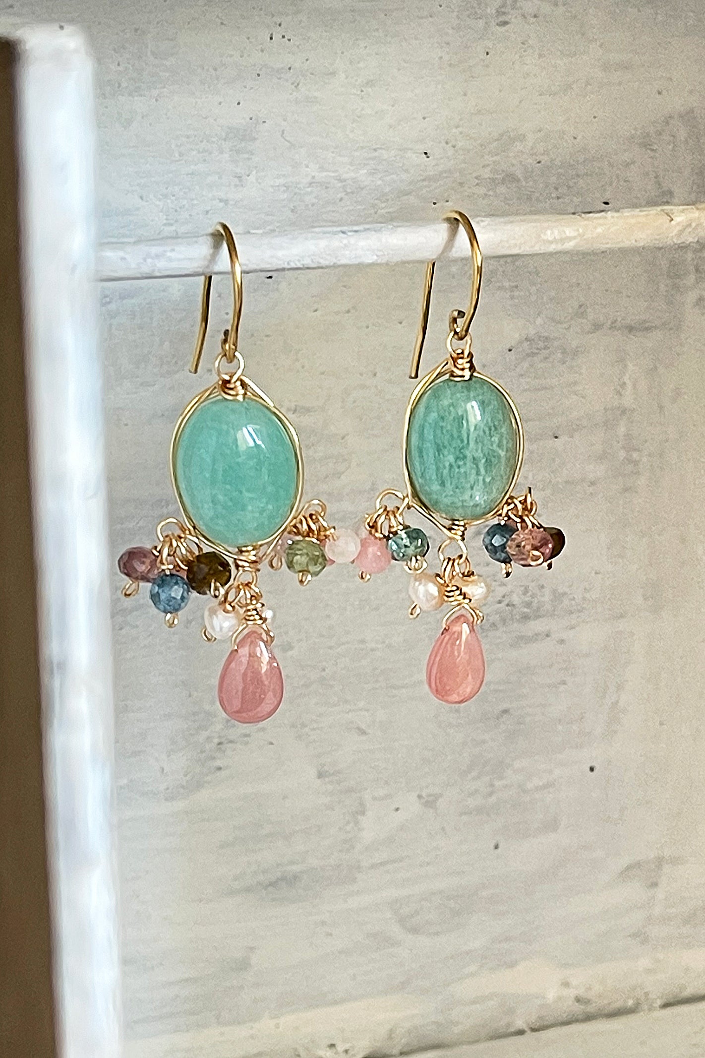 Candy Box - Amazonite & Rhodochrosite 14K Gold Fill Chandelier Earrings