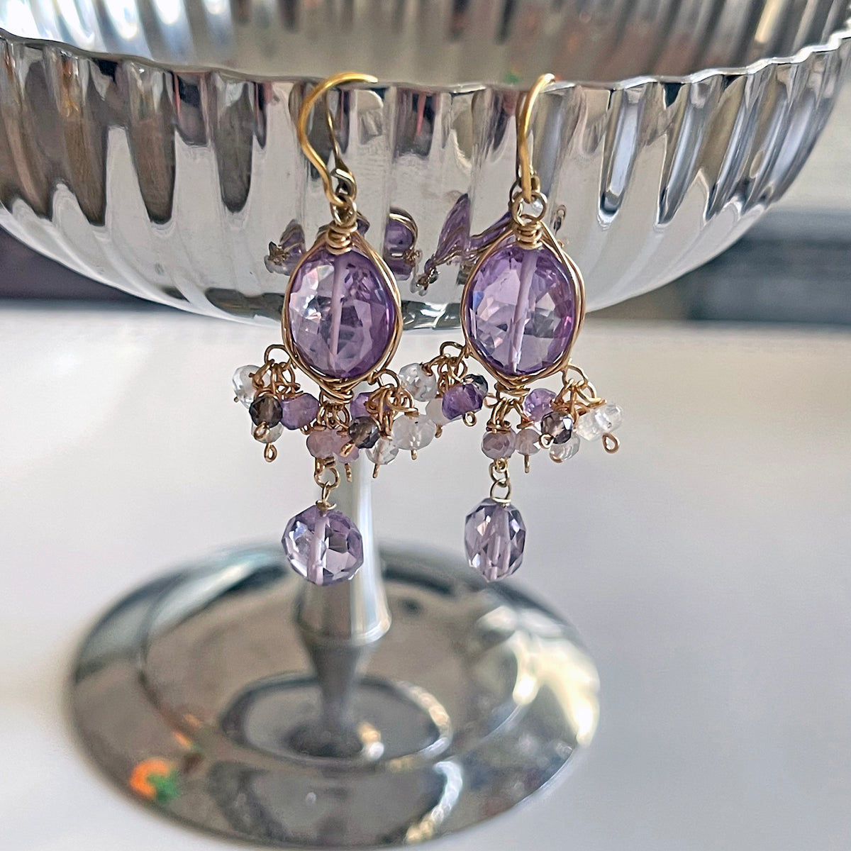Pink Amethyst Sheer Gradient Chandelier Earrings in Surgical Stainless Steel (Hypoallergenic)