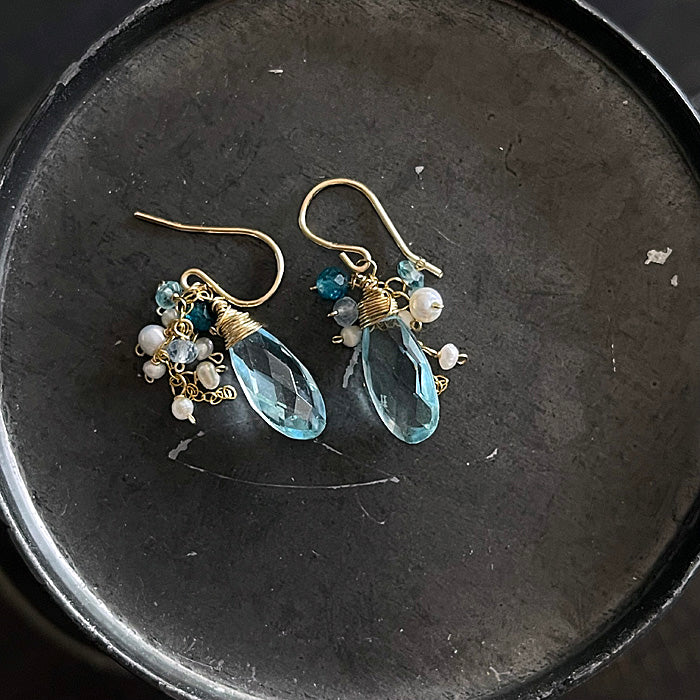 Aquamarine Quartz with Pearls Earrings - 14KGF