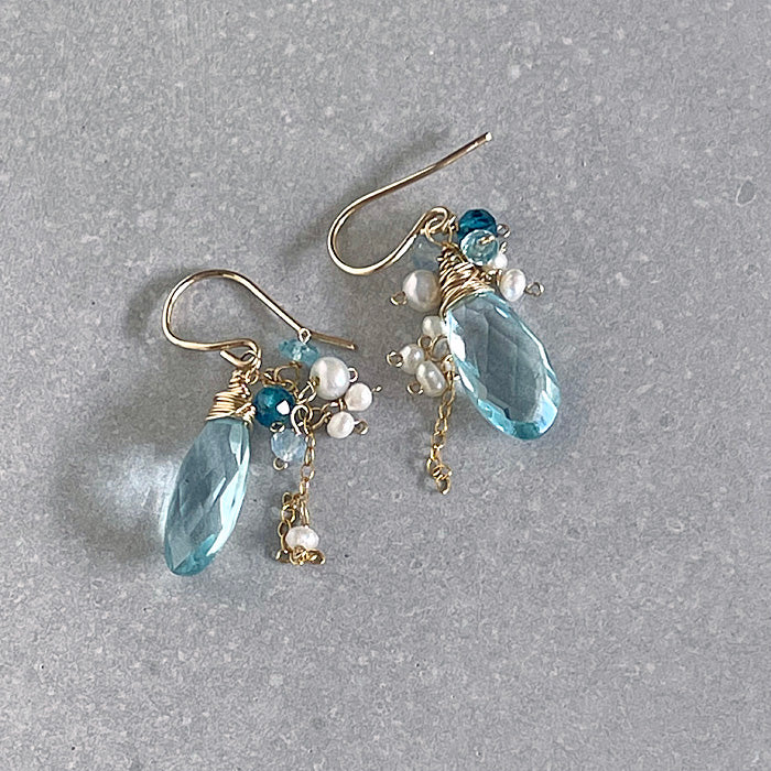 Aquamarine Quartz with Pearls Earrings - 14KGF