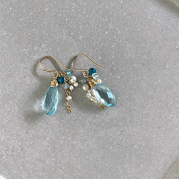 Aquamarine Quartz with Pearls Earrings - 14KGF