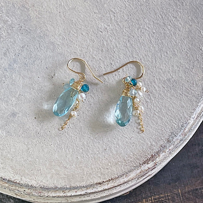 Aquamarine Quartz with Pearls Earrings - 14KGF