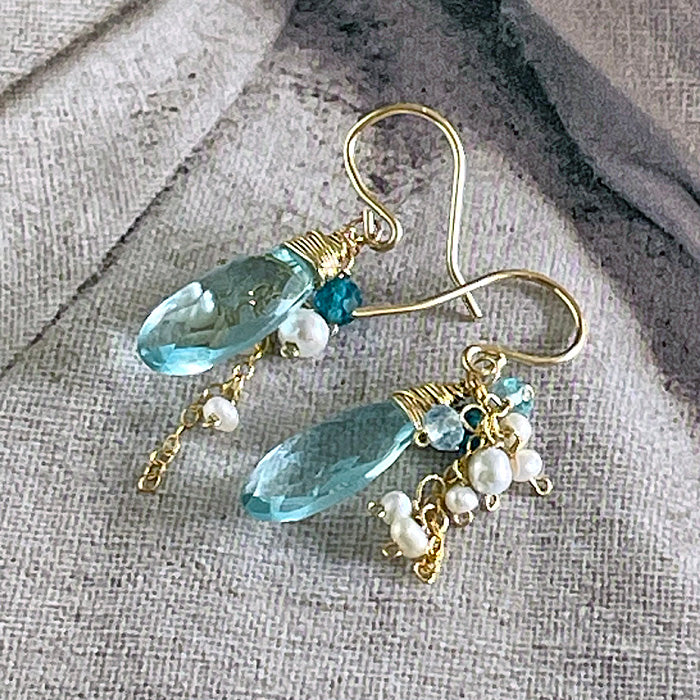 Aquamarine Quartz with Pearls Earrings - 14KGF