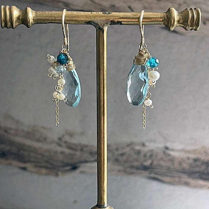 Aquamarine Quartz with Pearls Earrings - 14KGF