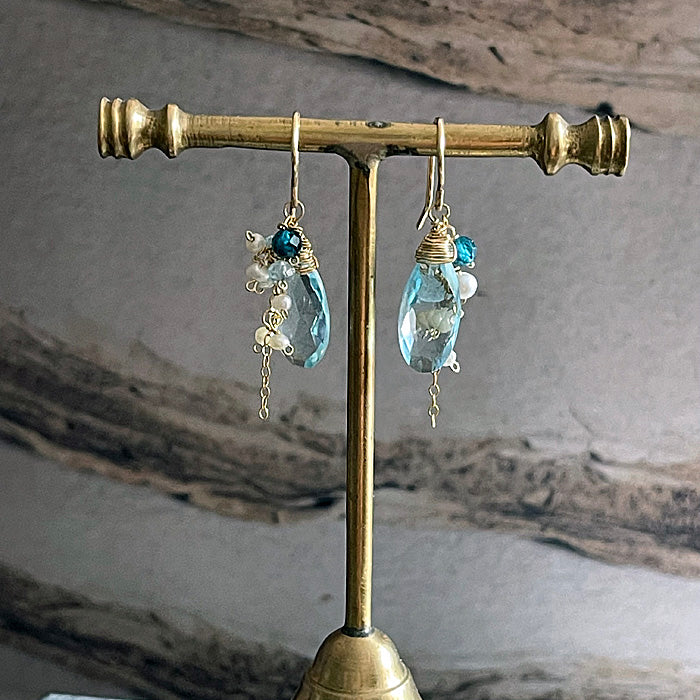 Aquamarine Quartz with Pearls Earrings - 14KGF