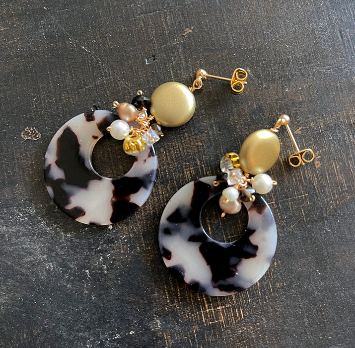 Brown and Beige Circle Charm with Gold Bead Earrings