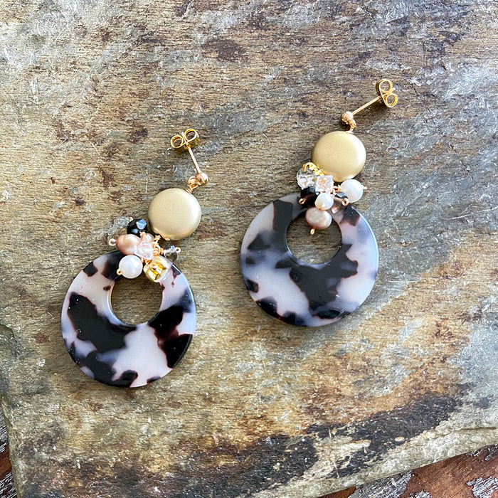 Brown and Beige Circle Charm with Gold Bead Earrings