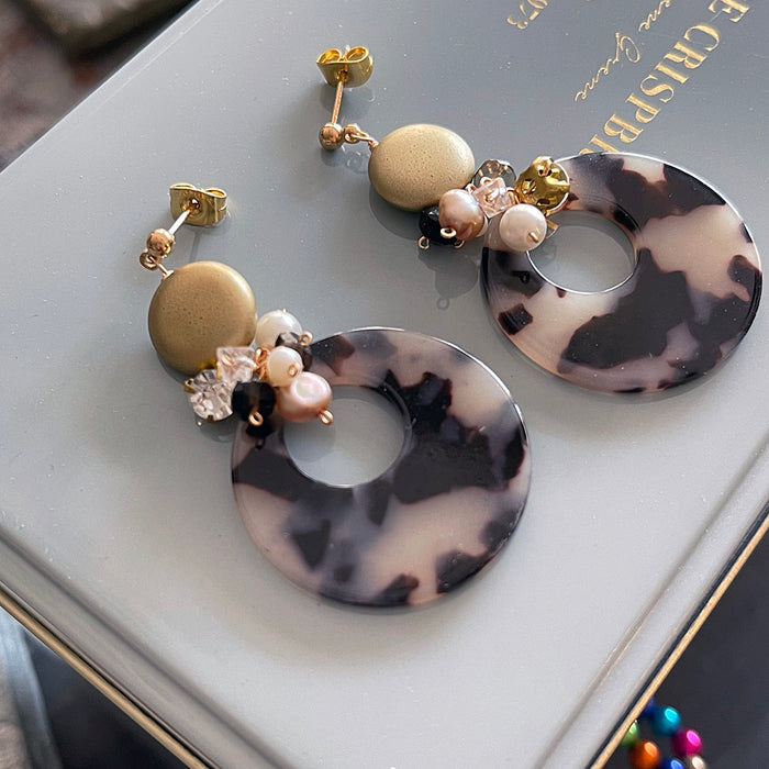 Brown and Beige Circle Charm with Gold Bead Earrings