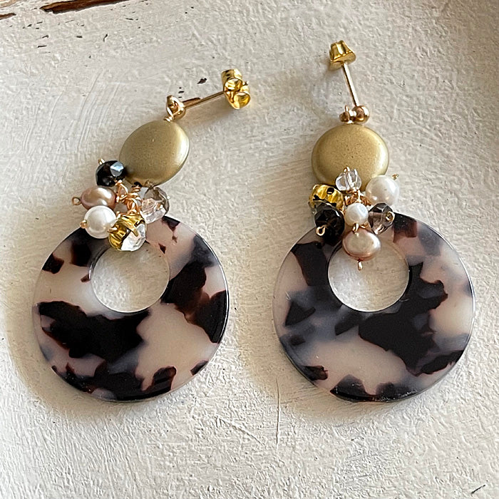 Brown and Beige Circle Charm with Gold Bead Earrings