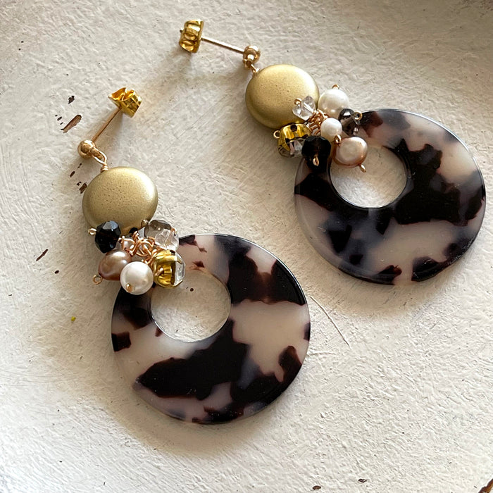 Brown and Beige Circle Charm with Gold Bead Earrings