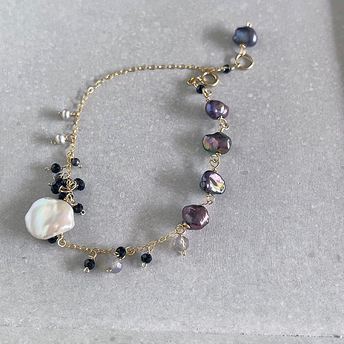 Keshi Pearl with Black Spinel Chain Bracelet - 14KGF