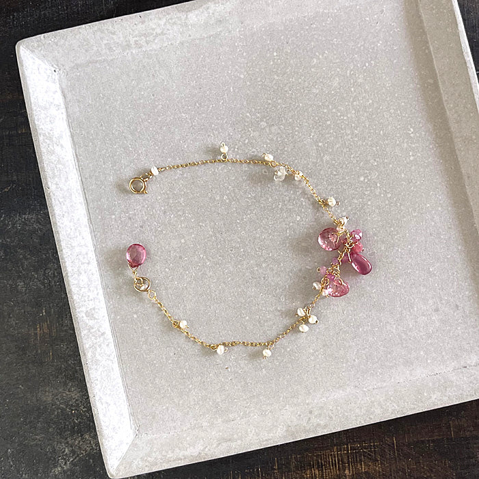 Pink TopazPink and Ruby with Pearl Clustered Chain Bracelet - 14KGF
