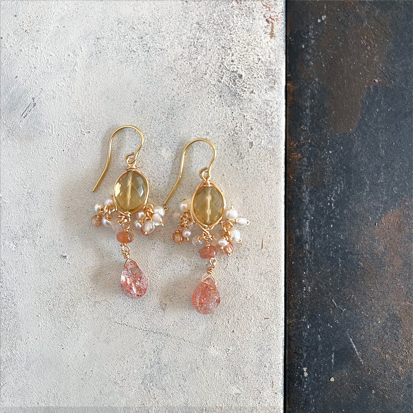 Golden Hour Chandelier Earrings: Beer Quartz, Sunstone & Pearl 14KGF