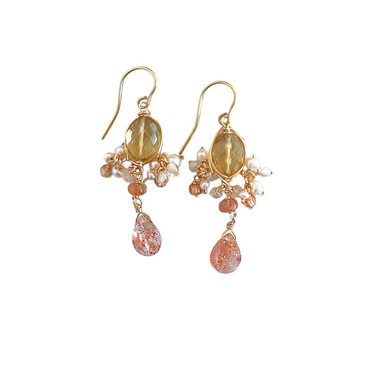 Golden Hour Chandelier Earrings: Beer Quartz, Sunstone & Pearl 14KGF
