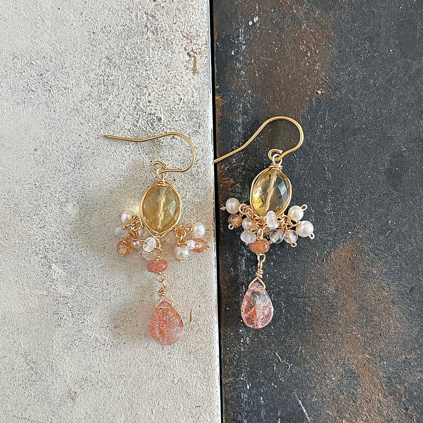 Golden Hour Chandelier Earrings: Beer Quartz, Sunstone & Pearl 14KGF