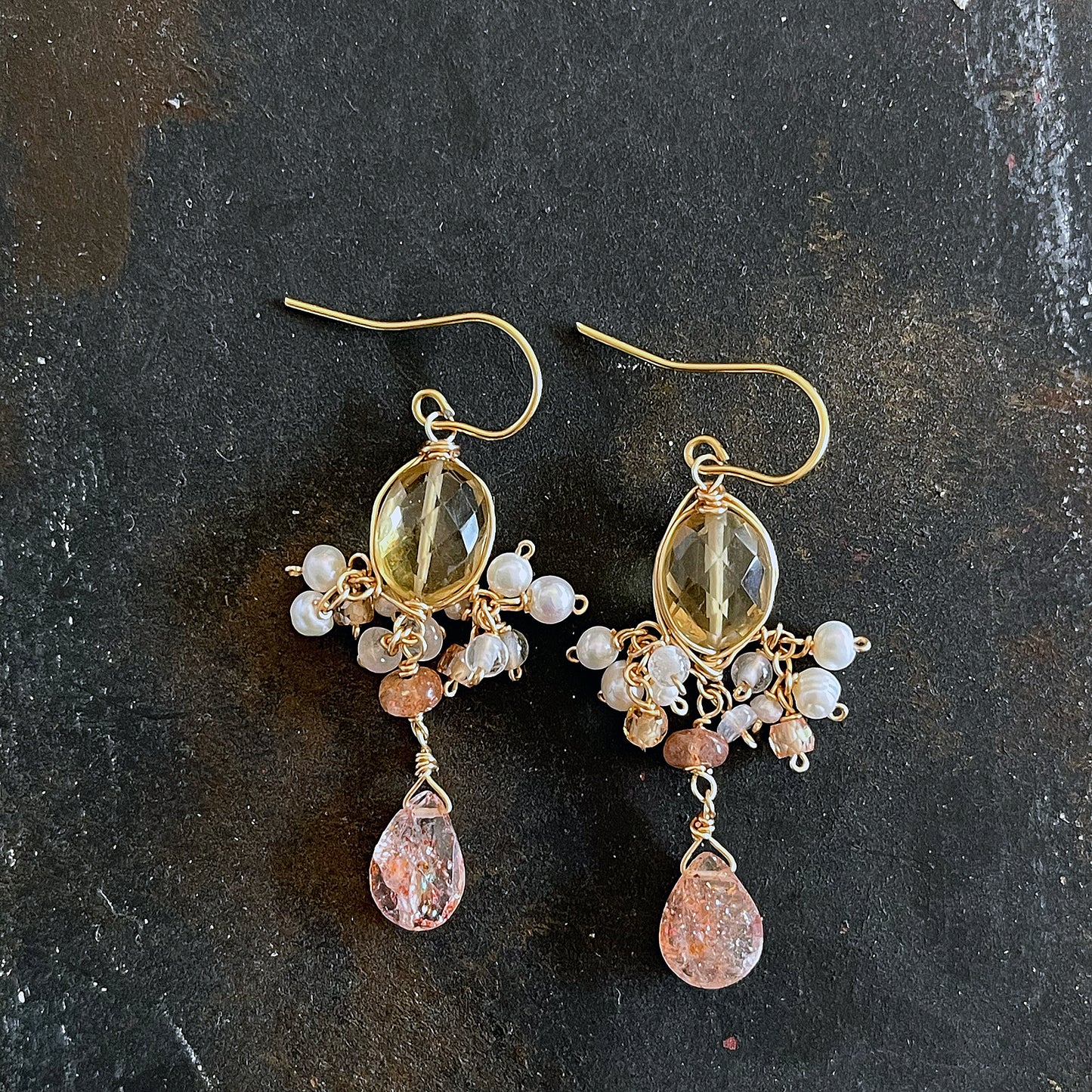 Golden Hour Chandelier Earrings: Beer Quartz, Sunstone & Pearl 14KGF