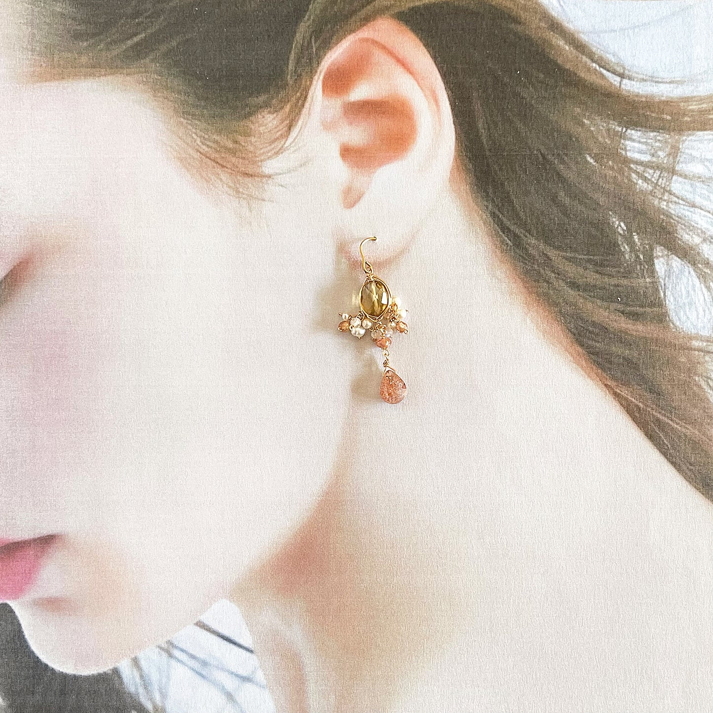 Golden Hour Chandelier Earrings: Beer Quartz, Sunstone & Pearl 14KGF