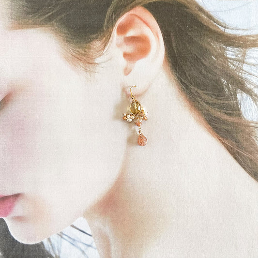 Golden Hour Chandelier Earrings: Beer Quartz, Sunstone & Pearl 14KGF