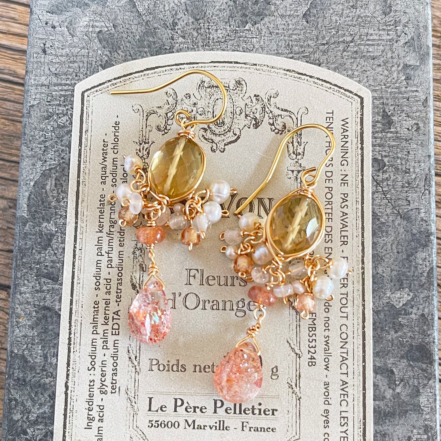 Golden Hour Chandelier Earrings: Beer Quartz, Sunstone & Pearl 14KGF