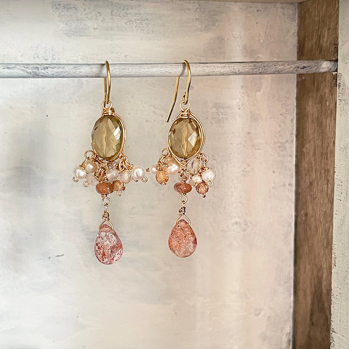 Golden Hour Chandelier Earrings: Beer Quartz, Sunstone & Pearl 14KGF