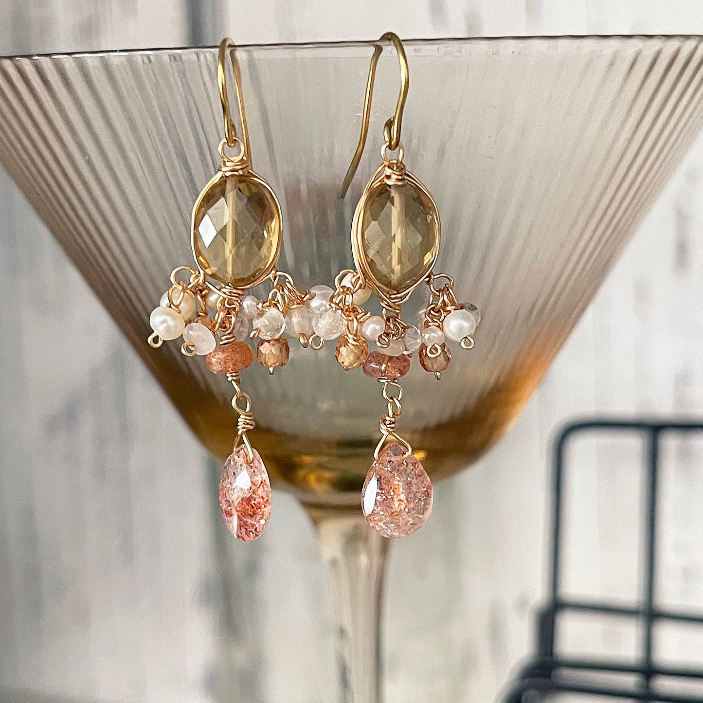 Golden Hour Chandelier Earrings: Beer Quartz, Sunstone & Pearl 14KGF