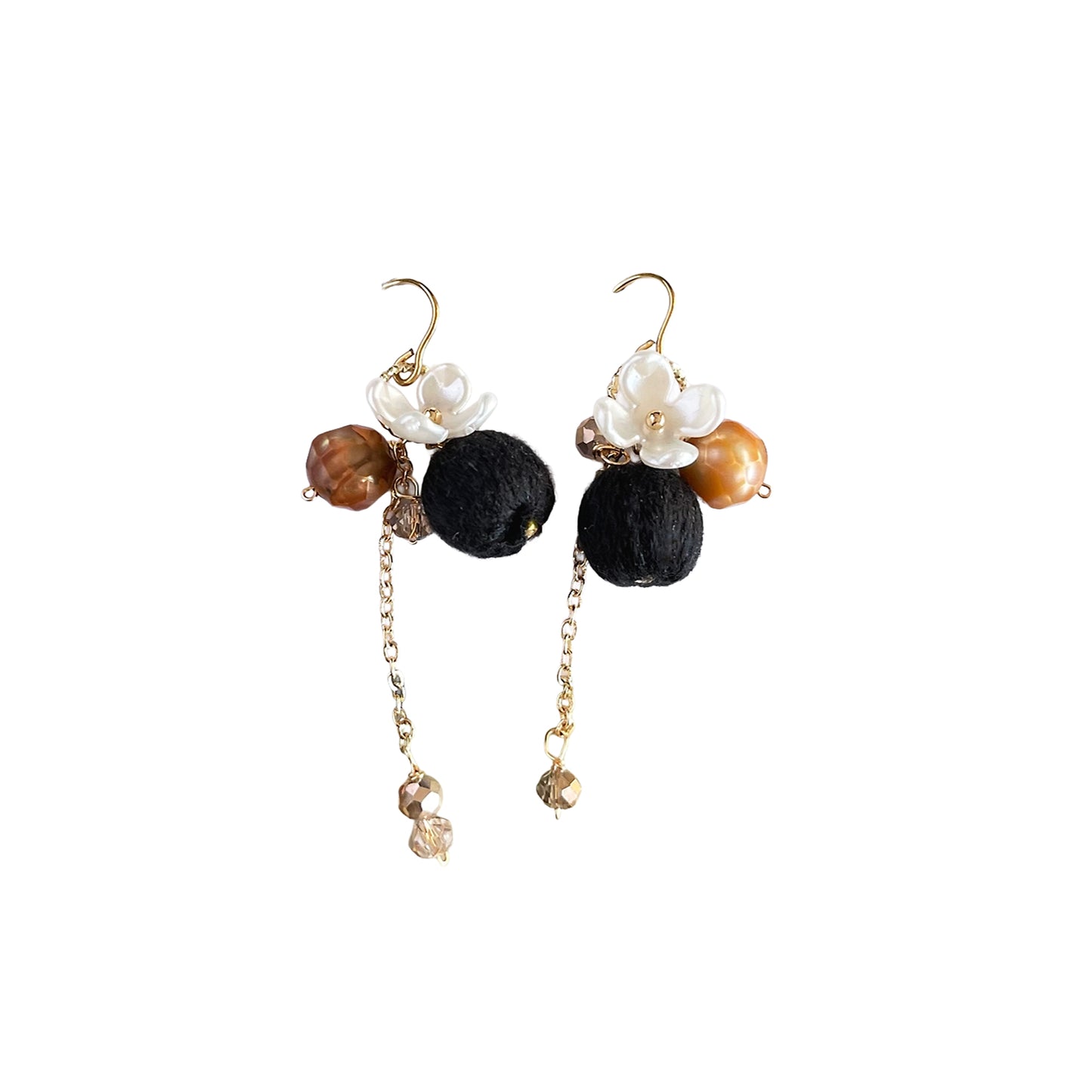 Eclectic Elegance: Midnight Black Embroidery Thread & White Blossom Earrings