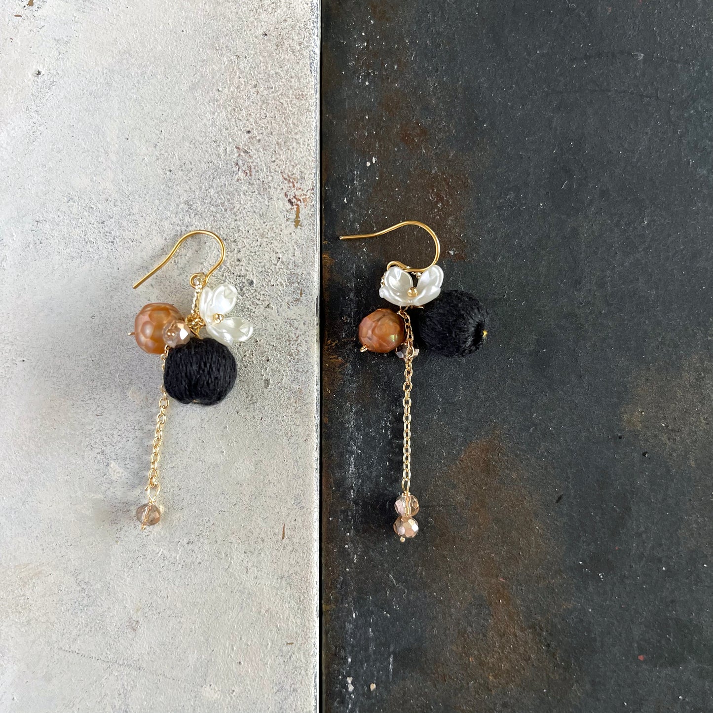Eclectic Elegance: Midnight Black Embroidery Thread & White Blossom Earrings