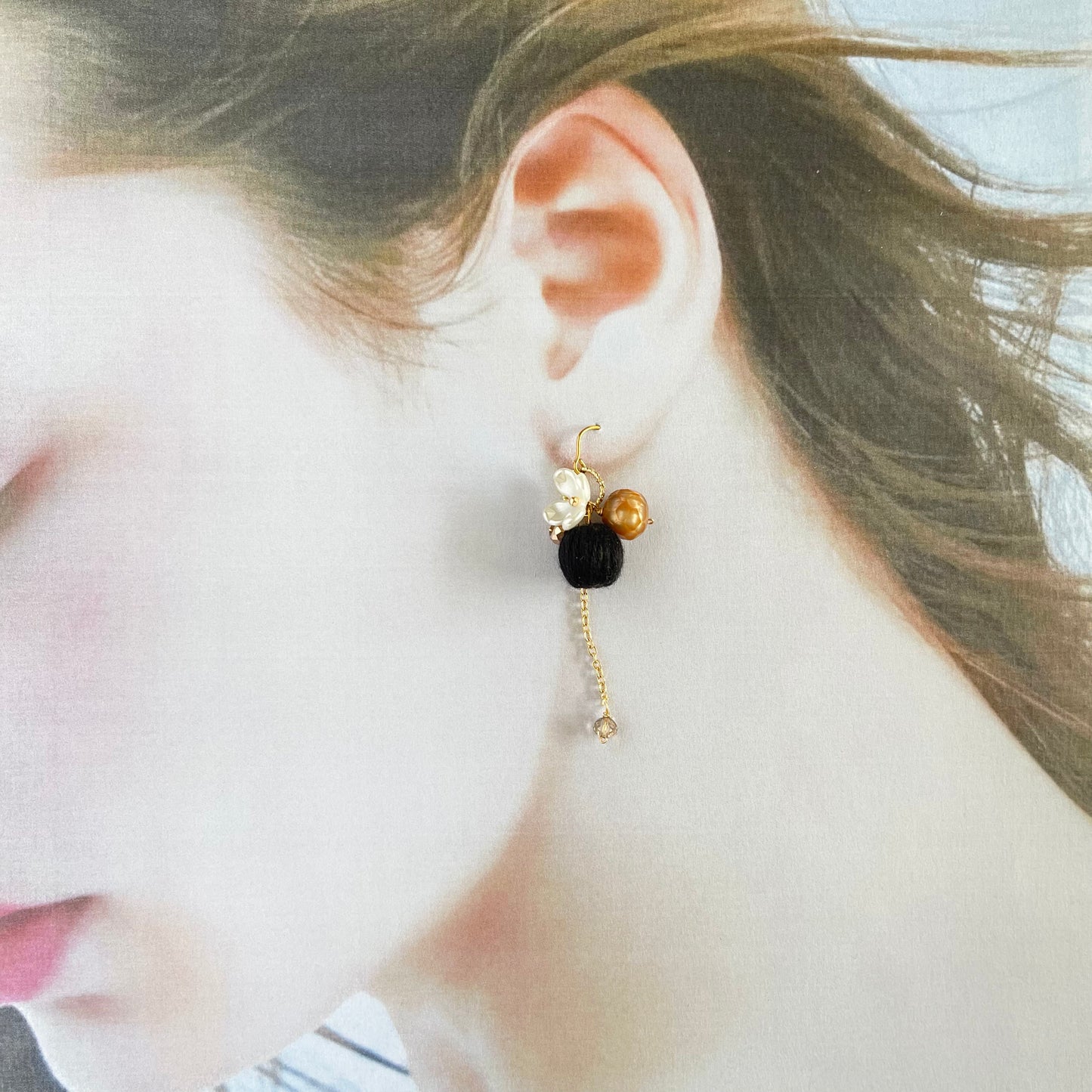 Eclectic Elegance: Midnight Black Embroidery Thread & White Blossom Earrings