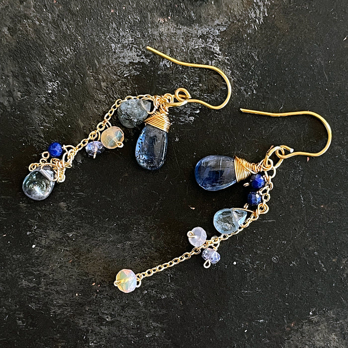 Cosmic Whisper: Kyanite, Opal & Grey Topaz Dangle Earrings