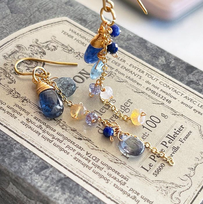 Cosmic Whisper: Kyanite, Opal & Grey Topaz Dangle Earrings