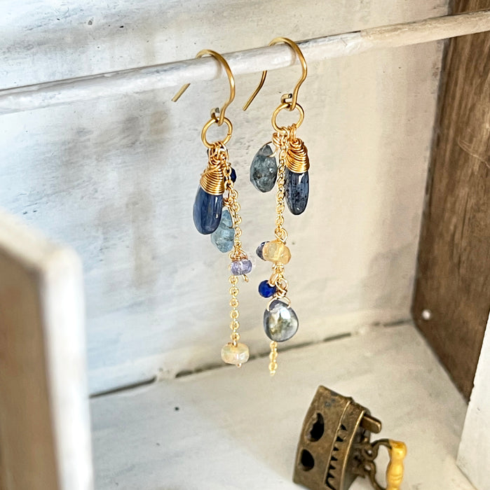 Cosmic Whisper: Kyanite, Opal & Grey Topaz Dangle Earrings