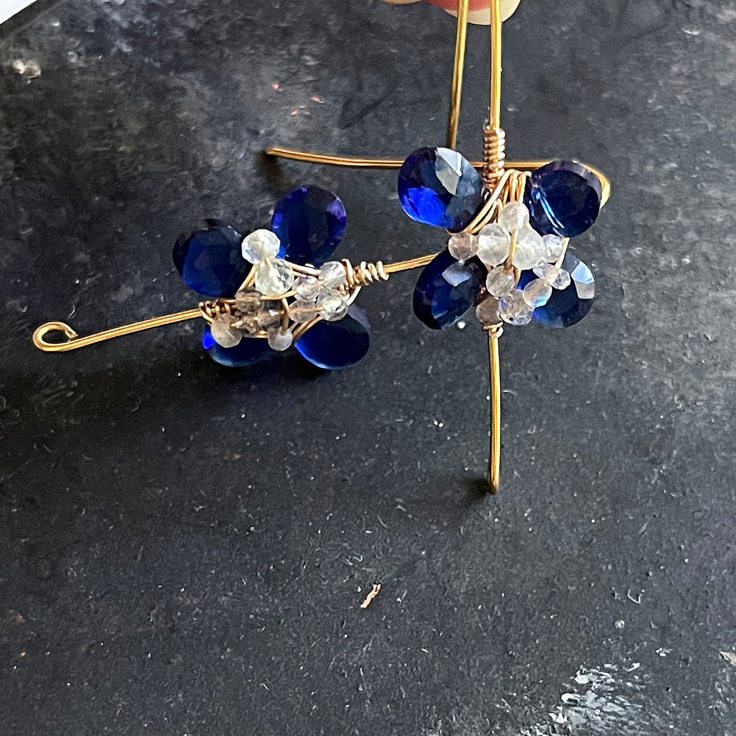 Cobalt Blue Hydro Quartz & Labradorite Flower Drop Earrings
