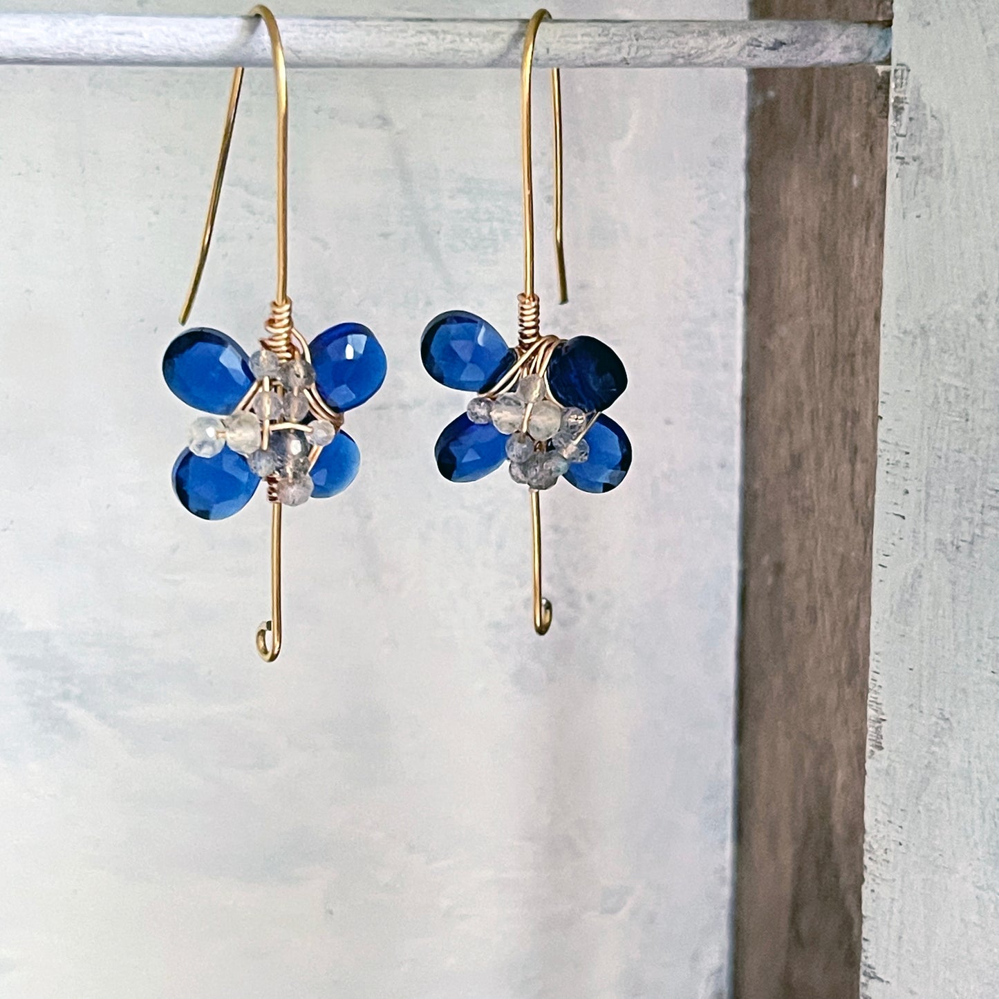 Cobalt Blue Hydro Quartz & Labradorite Flower Drop Earrings