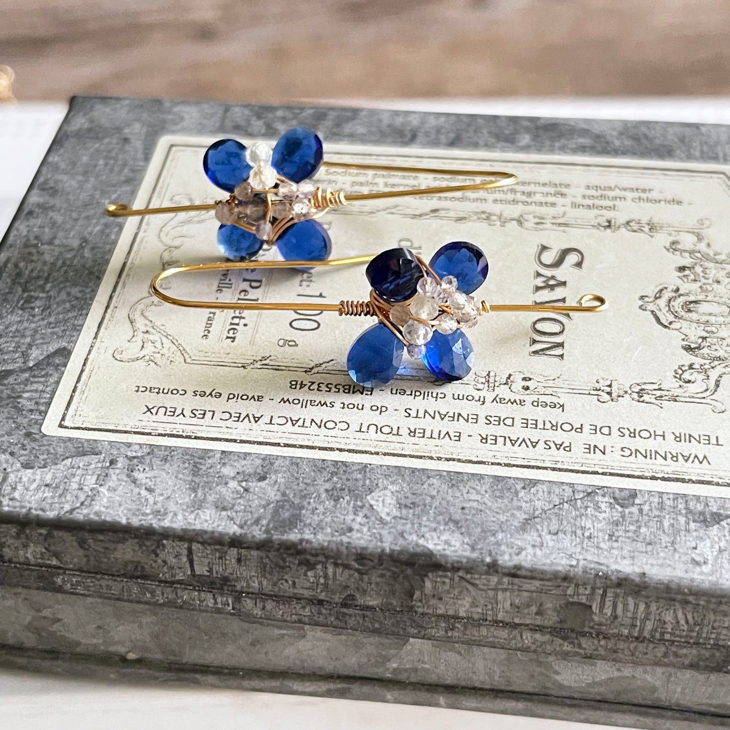 Cobalt Blue Hydro Quartz & Labradorite Flower Drop Earrings