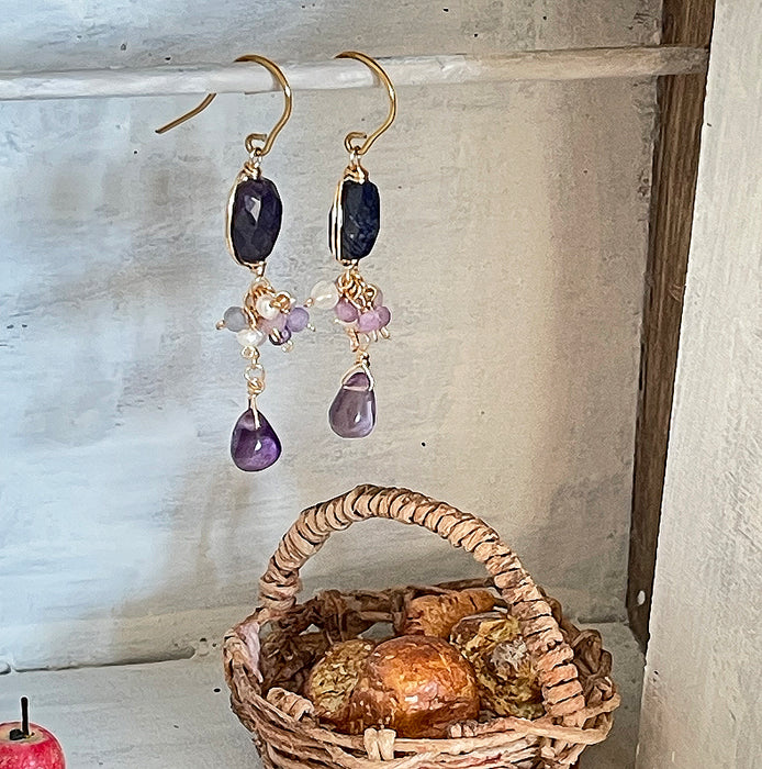 Blue sapphire and amethyst chandelier earrings in handmade miniature french cabinet with miniature bread basket  