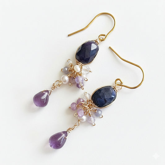 Royal Night: Dark Blue Sapphire & Amethyst Chandelier Earrings