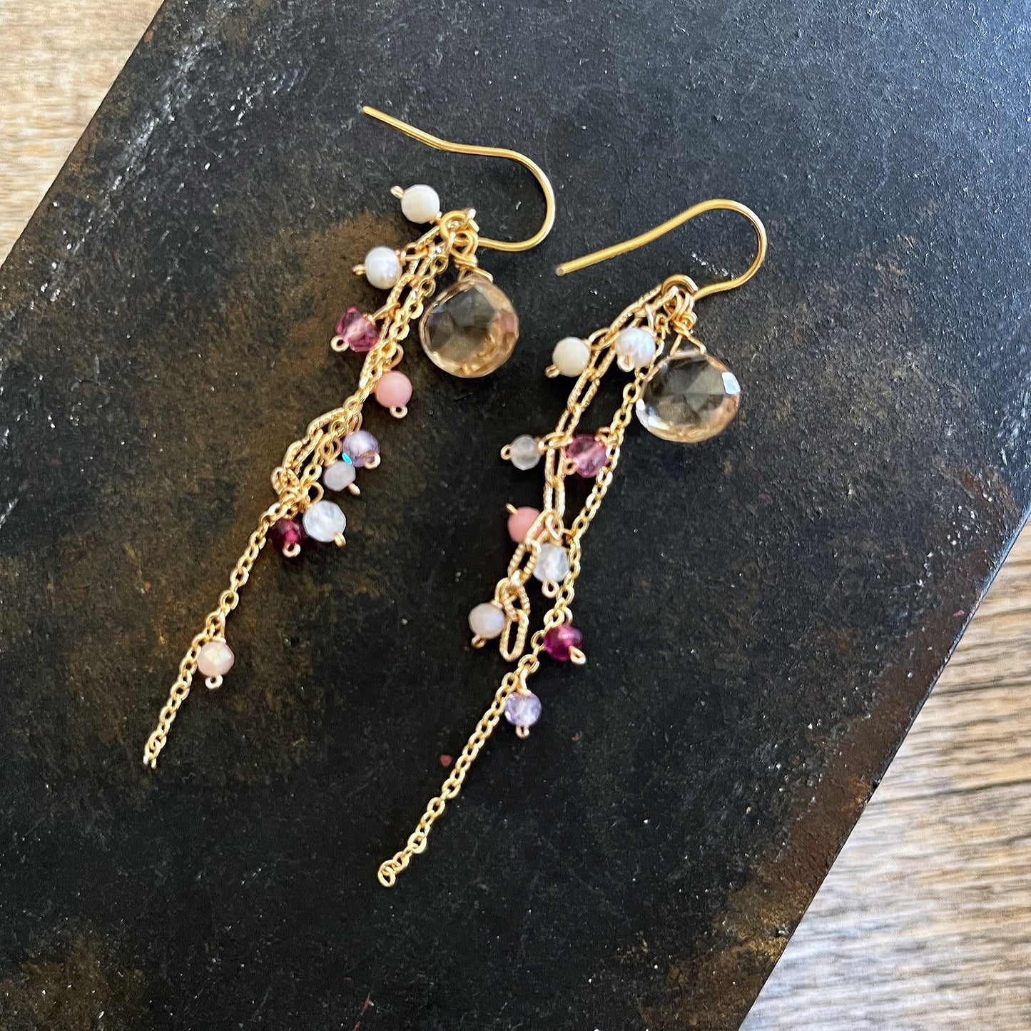 Champagne Sparkle: Citrine & Pink Tourmaline Cascade Earrings 14K Gold Filled