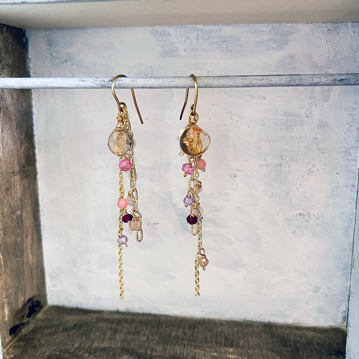 Champagne Sparkle: Citrine & Pink Tourmaline Cascade Earrings 14K Gold Filled