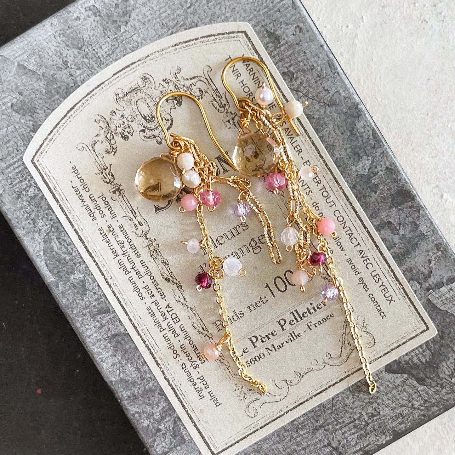 Champagne Sparkle: Citrine & Pink Tourmaline Cascade Earrings 14K Gold Filled