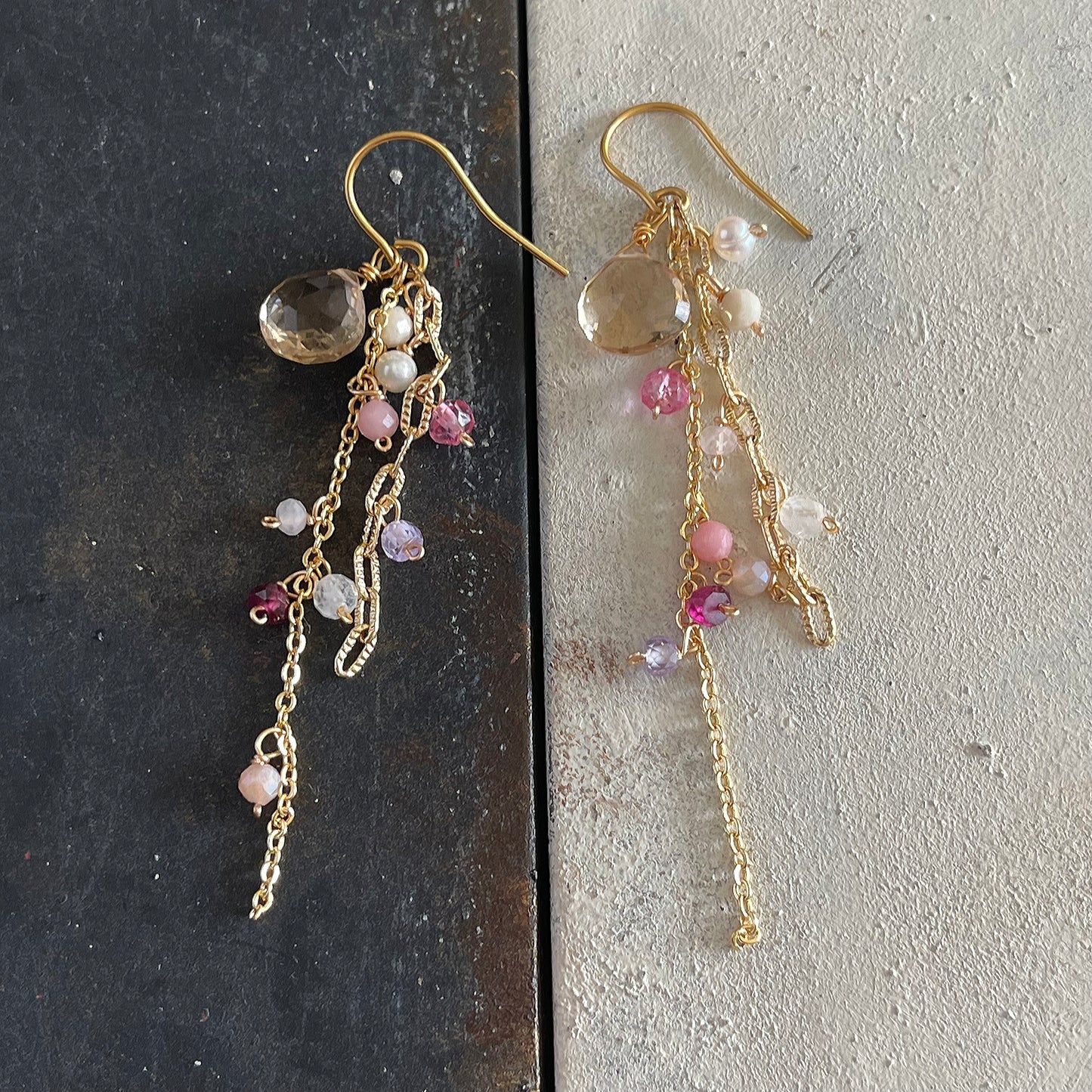 Champagne Sparkle: Citrine & Pink Tourmaline Cascade Earrings 14K Gold Filled