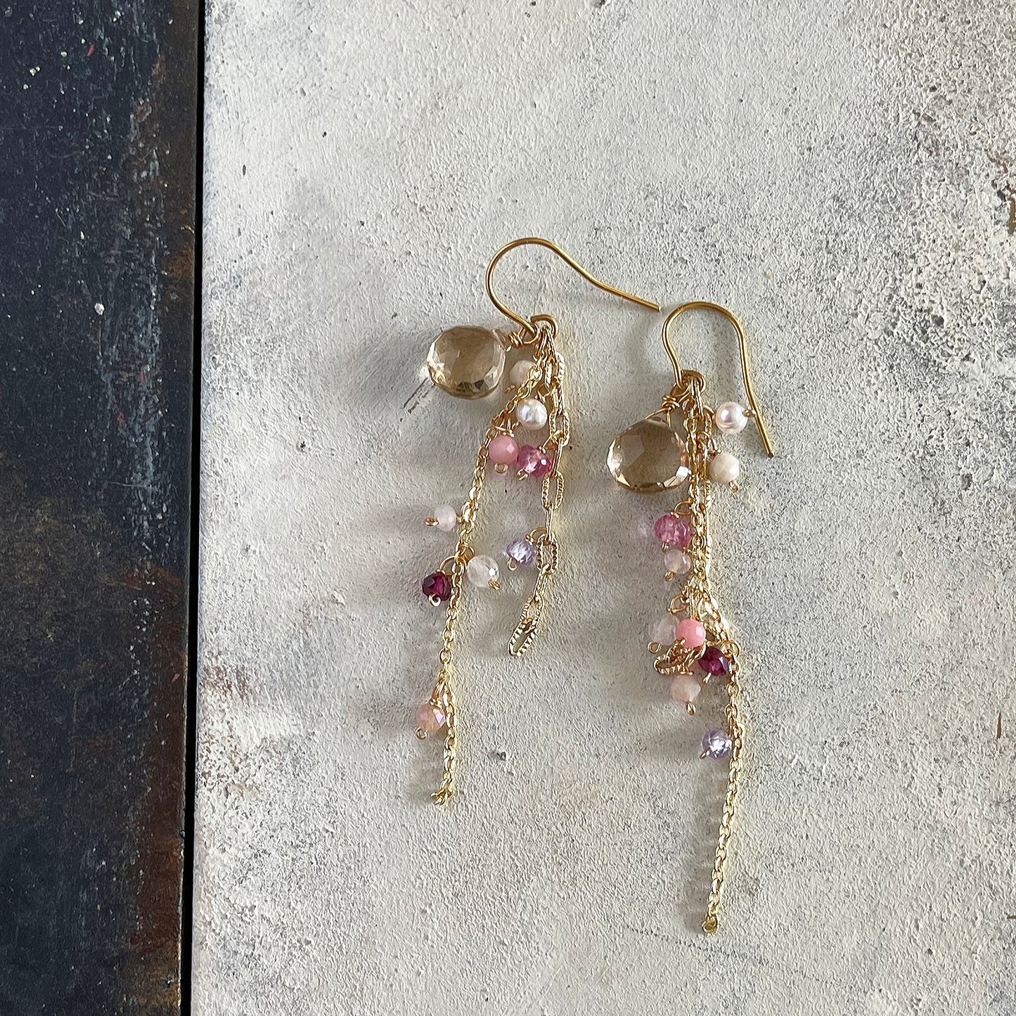 Champagne Sparkle: Citrine & Pink Tourmaline Cascade Earrings 14K Gold Filled