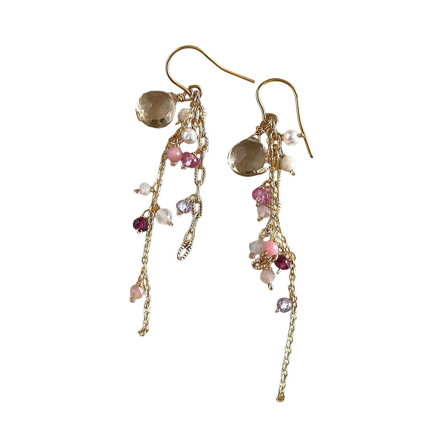 Champagne Sparkle: Citrine & Pink Tourmaline Cascade Earrings 14K Gold Filled