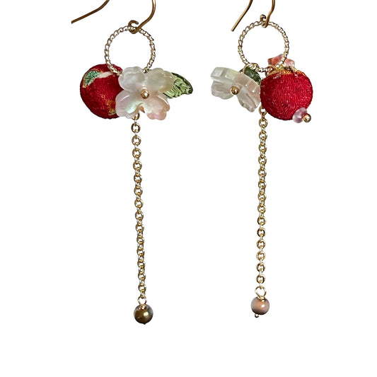 Japanese Soul: Red Chirimen & Glass Flower "Wa-Modern" Long Drop Earrings