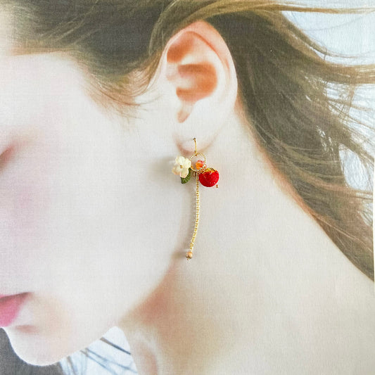 Japanese Soul: Red Chirimen & Glass Flower "Wa-Modern" Long Drop Earrings