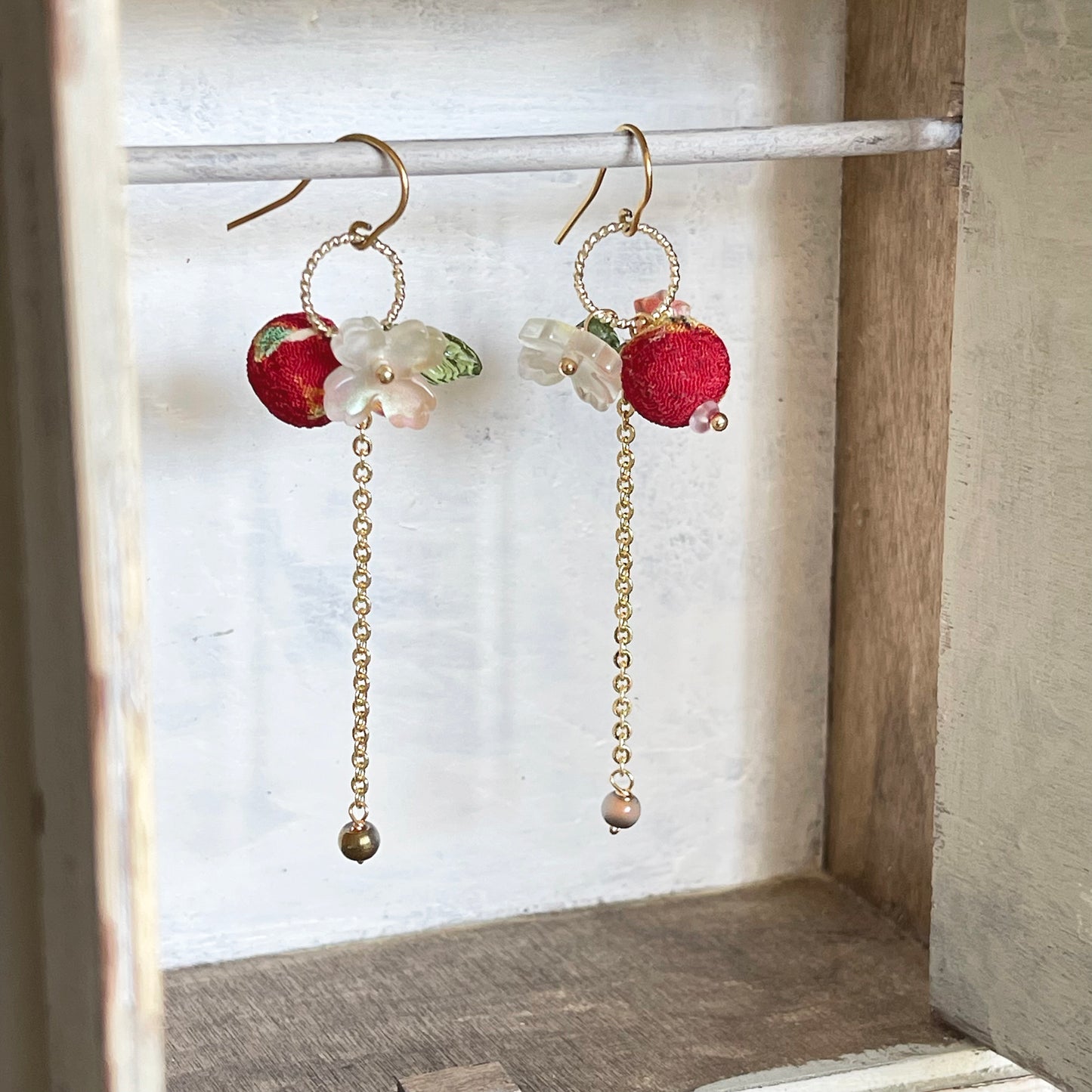 Japanese Soul: Red Chirimen & Glass Flower "Wa-Modern" Long Drop Earrings