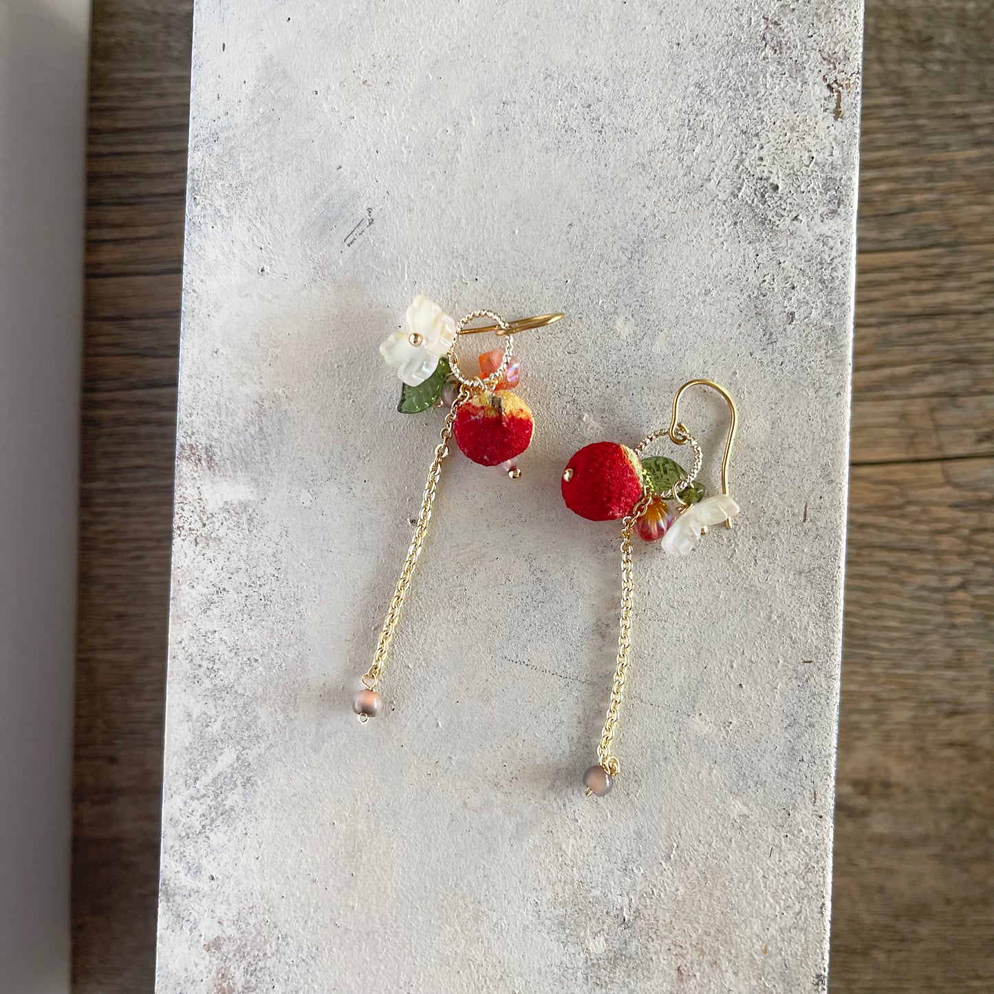 Japanese Soul: Red Chirimen & Glass Flower "Wa-Modern" Long Drop Earrings