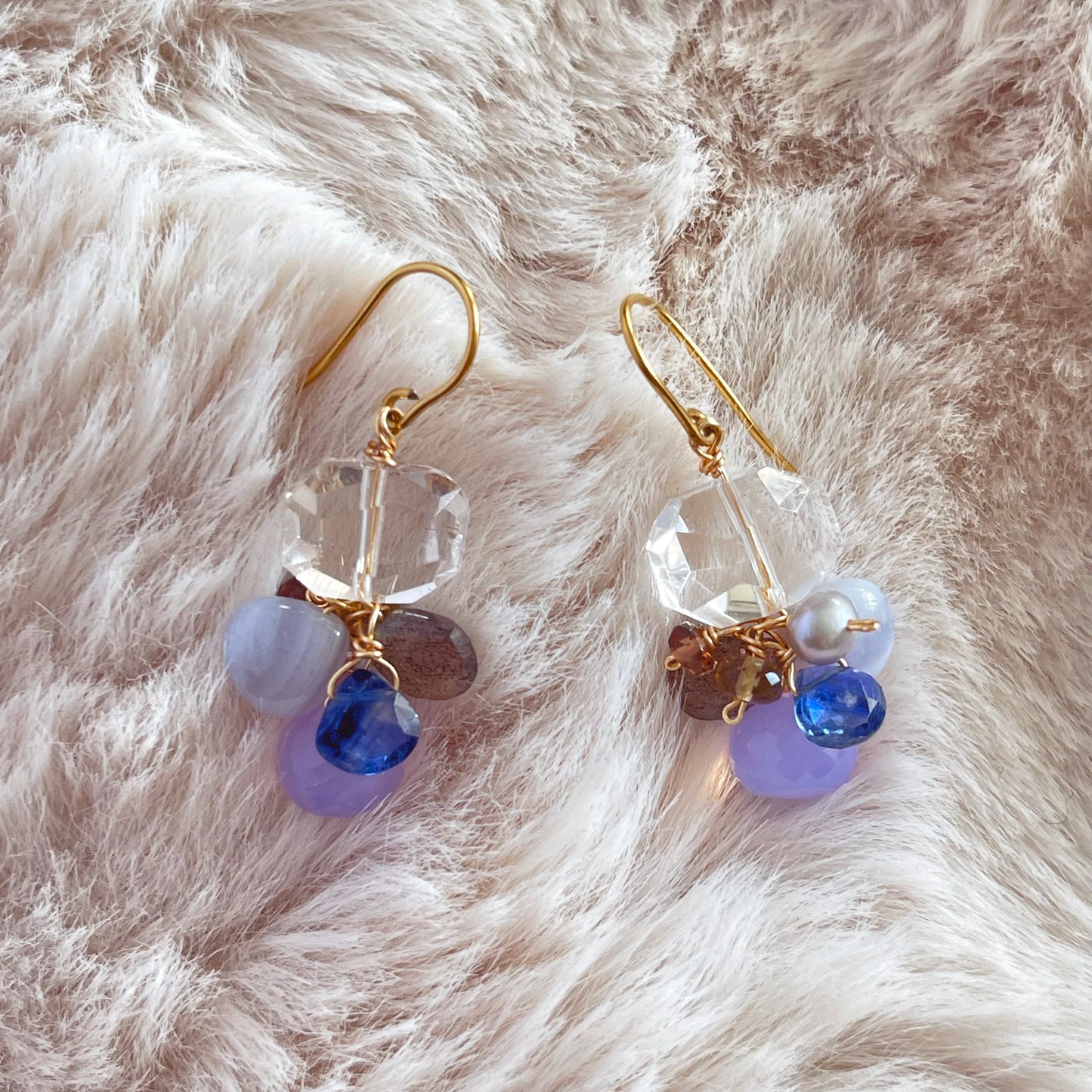 Icy Clarity – Crystal Quartz Tumble & Blue Gemstone Cluster Earrings 14K Gold filled